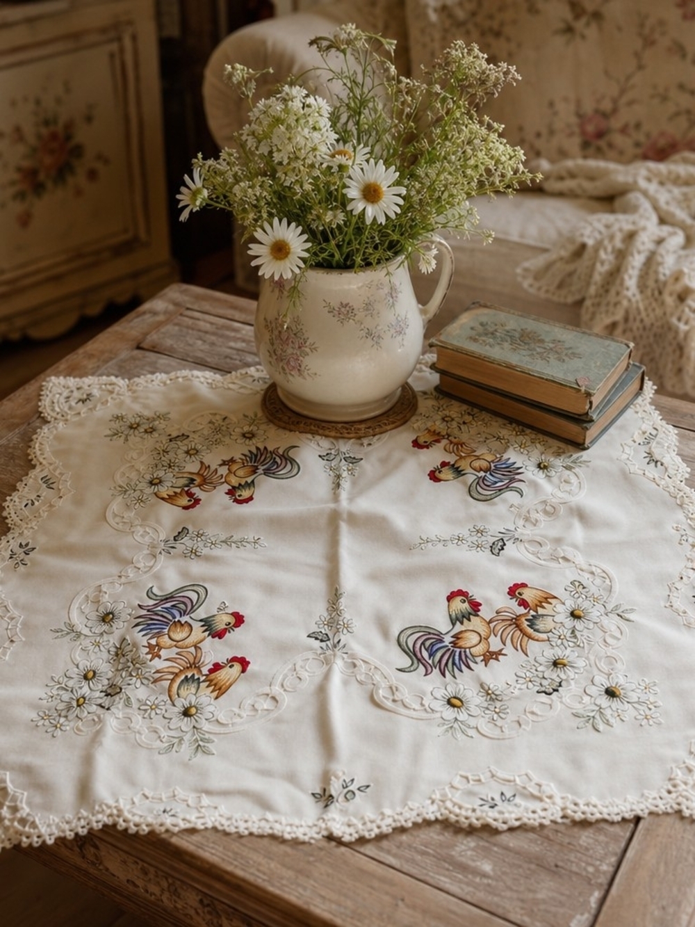 Vintage Embroidered Rooster Table Topper – Country Farmhouse Charm